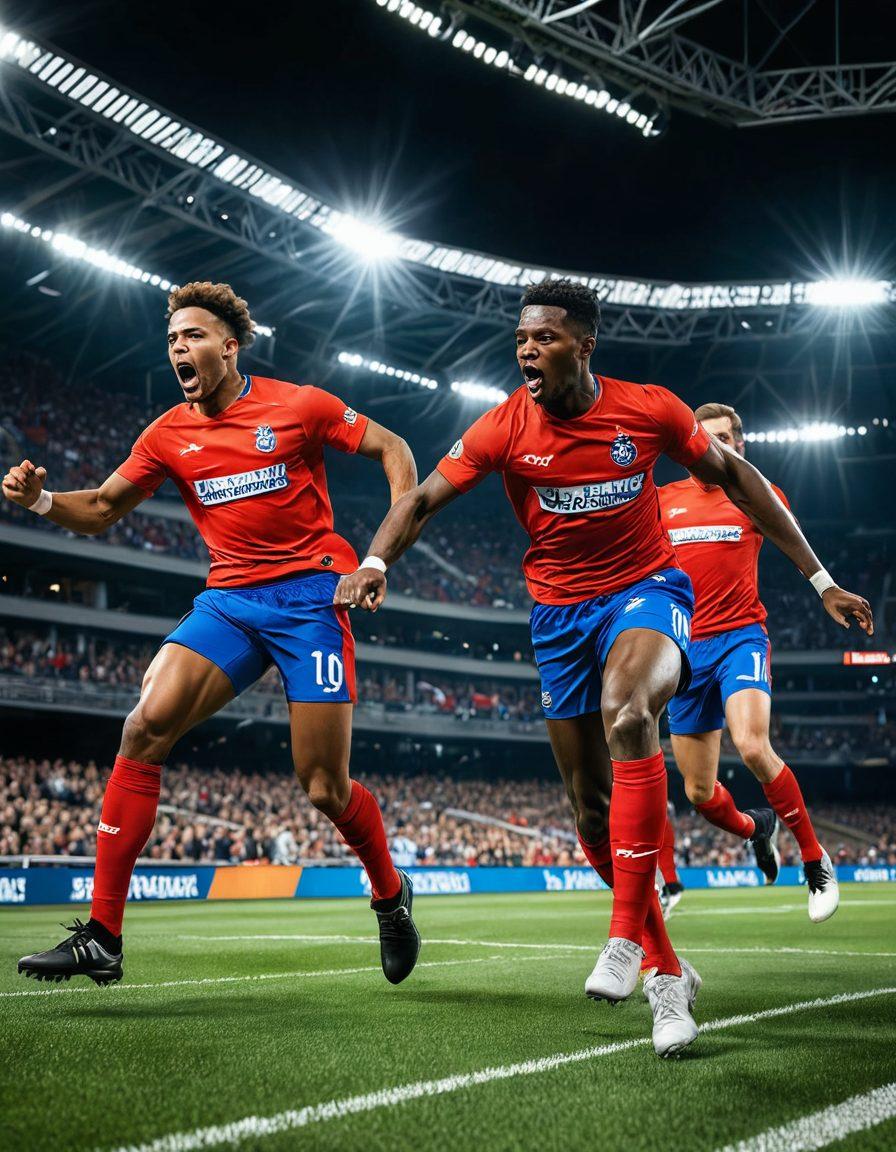 A dynamic scene capturing elite athletes in action, showcasing intense focus and teamwork. Incorporate a vibrant stadium in the background filled with cheering fans, highlighting premium access features like VIP lounges and exclusive viewings. Infuse the image with energy through bright colors and movement, symbolizing live sports excitement. super-realistic. vibrant colors. 3D.