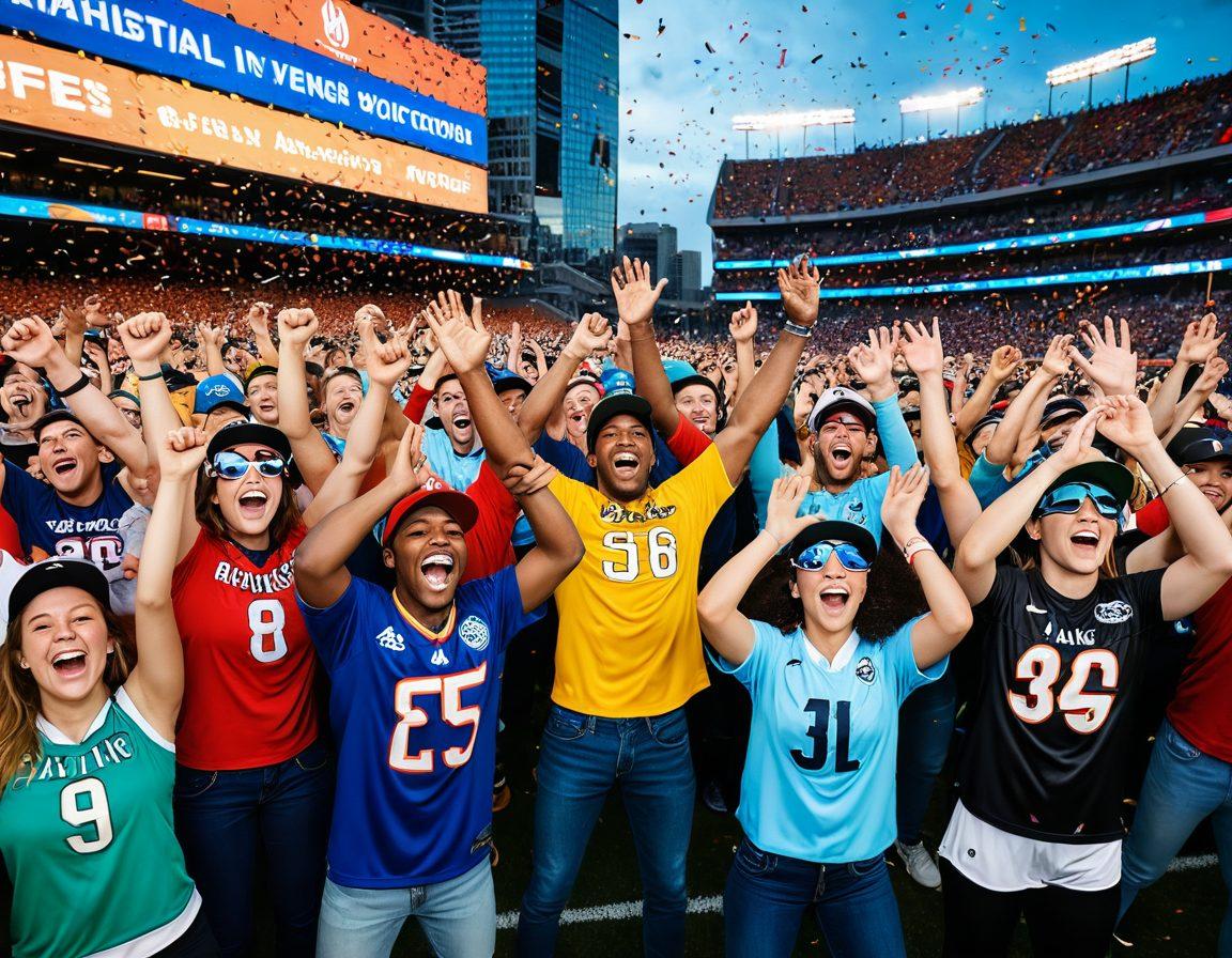 An energetic scene depicting a diverse group of fans passionately engaging with a live athletic event, surrounded by colorful banners, team merchandise, and lively expressions. Incorporate elements like virtual reality headsets and interactive mobile apps to represent modern engagement. Show excitement in the air with vibrant confetti and jubilant athletes in action on the field. Convey a sense of community and enthusiasm in a dynamic urban setting. super-realistic. vibrant colors.