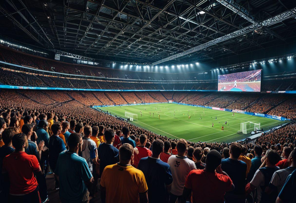 A dynamic scene capturing a group of diverse sports fans joyfully watching a game on large screens, with premium access features highlighted, like exclusive player stats and real-time updates on their devices. Shadows of stadium lights create an exciting atmosphere, emphasizing the thrill of the moment. Integrate elements like sleek technology, sports memorabilia, and a panoramic view of an electrifying sports venue. vibrant colors. super-realistic.